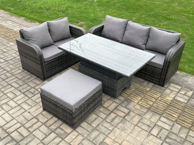 Fimous Outdoor Rattan Garden Furniture Set Height Adjustable Rising lifting Dining Table Lounge Sofa Set Dark Grey Mixed - image 1