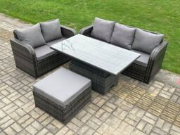 Fimous Outdoor Rattan Garden Furniture Set Height Adjustable Rising lifting Dining Table Lounge Sofa Set Dark Grey Mixed - thumbnail 2