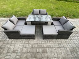 Fimous High Back Outdoor Garden Furniture Rattan Sofa Dining Table Set with 2 Big Footstool Dark Grey Mixed - thumbnail 1