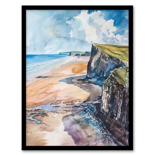 "Artery8 Rhossili Bay Coastal Cliff Landscape Watercolour Framed Art Print in Blue - Size: W12"" x H16""" - image 1