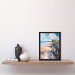 "Artery8 Rhossili Bay Coastal Cliff Landscape Watercolour Framed Art Print in Blue - Size: W12"" x H16""" - thumbnail 4