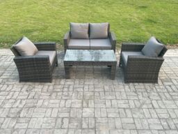 Fimous Outdoor Rattan Garden Furniture Set 4 Seater Patio Lounge Sofa Set with Coffee Table Dark Grey Mixed - thumbnail 1