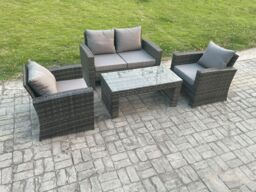 Fimous Outdoor Rattan Garden Furniture Set 4 Seater Patio Lounge Sofa Set with Coffee Table Dark Grey Mixed - thumbnail 2