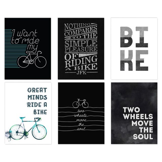 Wee Blue Coo Pack of 6 Love Cycling Bicycle Theme Quote Black & White Bike Typography Unframed Wall Art Living Room Prints Set - image 1