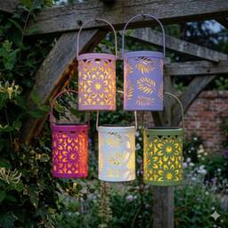 Voltico Set of 5 Solar Ornate Metal Cutout Lanterns - Multi-Coloured Glow - Size: 5 Pack