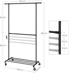 SONGMICS Heavy Duty Clothes Rack on Wheels with Double Rods in Black - thumbnail 3