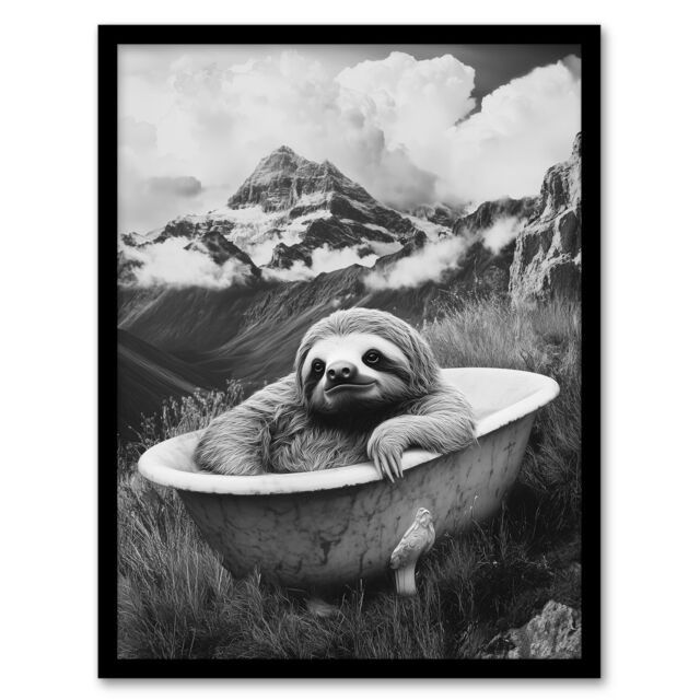 "Artery8 Sloth in Bathtub on Mountain Black White Surreal Framed Art Print in Grey - Size: W12"" x H16""" - image 1