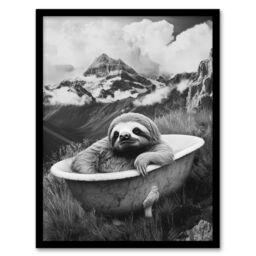 "Artery8 Sloth in Bathtub on Mountain Black White Surreal Framed Art Print in Grey - Size: W12"" x H16""" - thumbnail 1