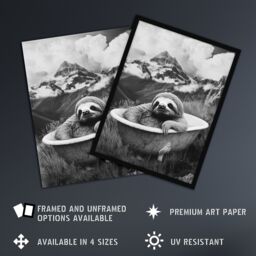"Artery8 Sloth in Bathtub on Mountain Black White Surreal Framed Art Print in Grey - Size: W12"" x H16""" - thumbnail 2