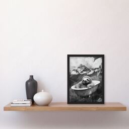"Artery8 Sloth in Bathtub on Mountain Black White Surreal Framed Art Print in Grey - Size: W12"" x H16""" - thumbnail 4
