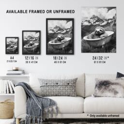 "Artery8 Sloth in Bathtub on Mountain Black White Surreal Framed Art Print in Grey - Size: W12"" x H16""" - thumbnail 3