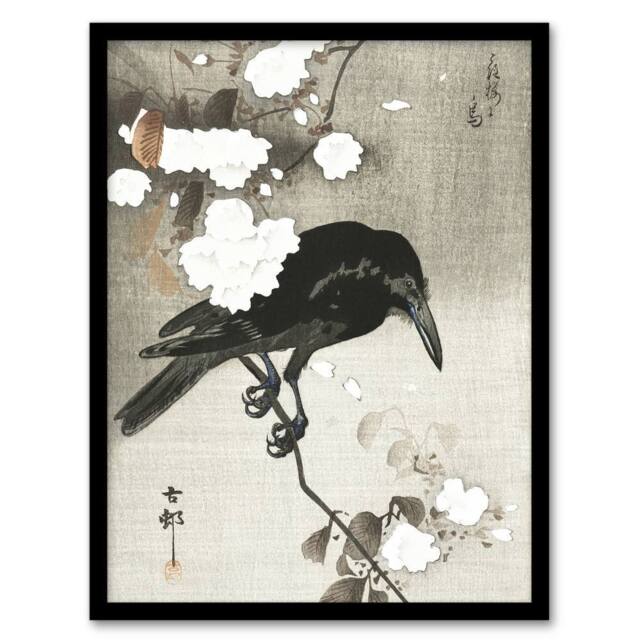 "Artery8 Crow With Cherry Blossom Flowers Retro Japan Framed Wall Art Print Koson in Grey - Size: W12"" x H16""" - image 1