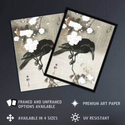 "Artery8 Crow With Cherry Blossom Flowers Retro Japan Framed Wall Art Print Koson in Grey - Size: W12"" x H16""" - thumbnail 2