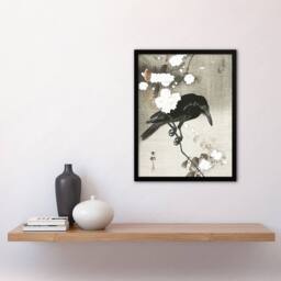 "Artery8 Crow With Cherry Blossom Flowers Retro Japan Framed Wall Art Print Koson in Grey - Size: W12"" x H16""" - thumbnail 4