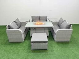 Fimous 7 Seater PE Wicker Rattan Furniture Sofa Sets with Firepit Dining Table 2 Seater Love Sofa Big Footstool 2 Side Table Light Grey - thumbnail 2