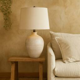 Wyld Haus Provence Cream Chevron Ceramic Table Lamp with Linen Shade in Beige