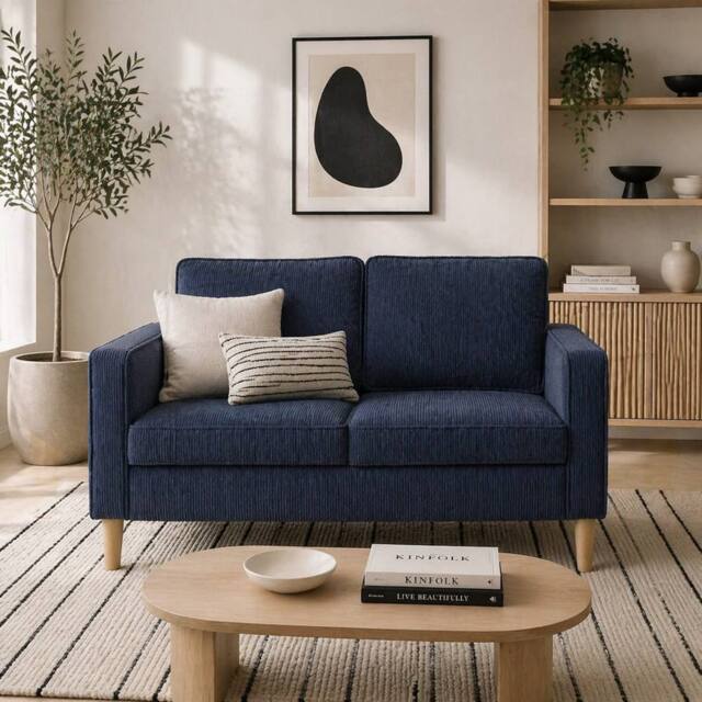 Wyld Haus Rozike Nodi Corduroy Blue Compact 2 Seater Sofa Natural Wooden Legs - image 1
