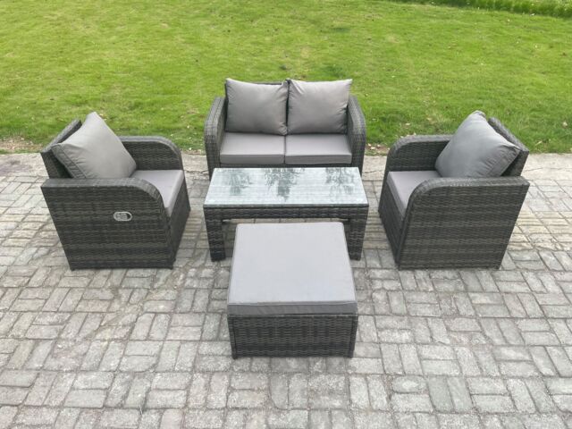 Fimous Outdoor Lounge Sofa Set Rattan Garden Furniture Set with Rectangular Coffee Table Big Footstool Dark Grey Mixed - image 1