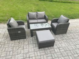 Fimous Outdoor Lounge Sofa Set Rattan Garden Furniture Set with Rectangular Coffee Table Big Footstool Dark Grey Mixed - thumbnail 2
