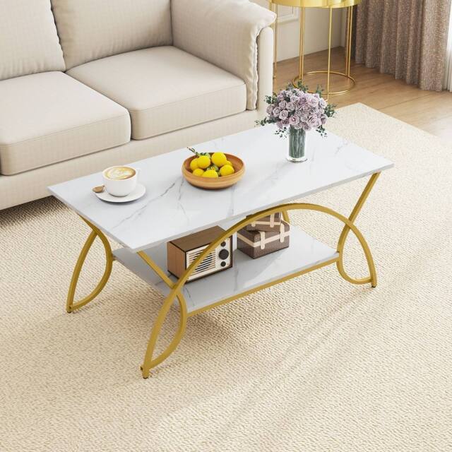 Costway 2-Tier Faux Marble Coffee Table Modern Cocktail Center Table w/ Shelf in White - image 1