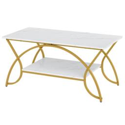 Costway 2-Tier Faux Marble Coffee Table Modern Cocktail Center Table w/ Shelf in White - thumbnail 3