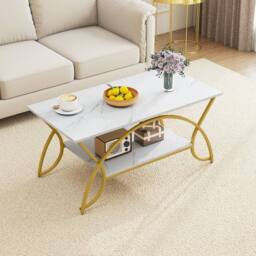 Costway 2-Tier Faux Marble Coffee Table Modern Cocktail Center Table w/ Shelf in White