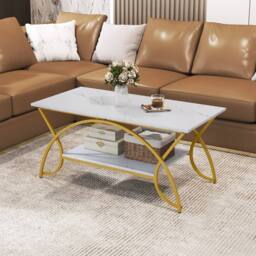 Costway 2-Tier Faux Marble Coffee Table Modern Cocktail Center Table w/ Shelf in White - thumbnail 5