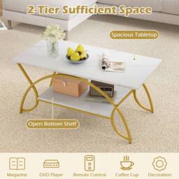 Costway 2-Tier Faux Marble Coffee Table Modern Cocktail Center Table w/ Shelf in White - thumbnail 7
