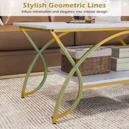 Costway 2-Tier Faux Marble Coffee Table Modern Cocktail Center Table w/ Shelf in White - thumbnail 9