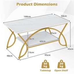 Costway 2-Tier Faux Marble Coffee Table Modern Cocktail Center Table w/ Shelf in White - thumbnail 2