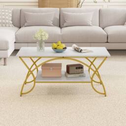 Costway 2-Tier Faux Marble Coffee Table Modern Cocktail Center Table w/ Shelf in White - thumbnail 4