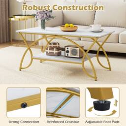 Costway 2-Tier Faux Marble Coffee Table Modern Cocktail Center Table w/ Shelf in White - thumbnail 8