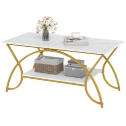 Costway 2-Tier Faux Marble Coffee Table Modern Cocktail Center Table w/ Shelf in White - thumbnail 6