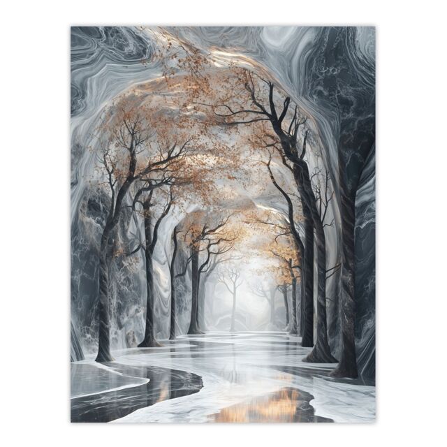 "Artery8 Marble Forest Fantasy Autumn Tree Dreamy Tunnel Wall Art Print in Grey - Size: W12"" x H16""" - image 1