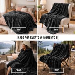 Pamposh Flannel Fleece Blanket Reversible Throw in Black - Size: Small - thumbnail 8