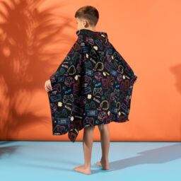 OHS Gaming Poncho Beach Towel Kids Hooded Quick Dry Microfibre Holiday in Black - thumbnail 3