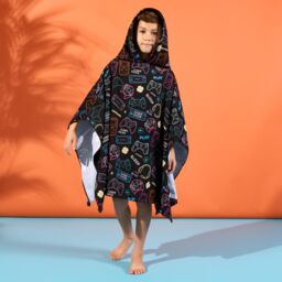 OHS Gaming Poncho Beach Towel Kids Hooded Quick Dry Microfibre Holiday in Black - thumbnail 2
