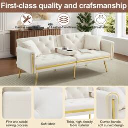 ModernLuxe Convertible 2-seater sofa bed with adjustable backrest & cup holders in White - thumbnail 7
