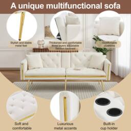 ModernLuxe Convertible 2-seater sofa bed with adjustable backrest & cup holders in White - thumbnail 8