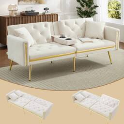 ModernLuxe Convertible 2-seater sofa bed with adjustable backrest & cup holders in White - thumbnail 2