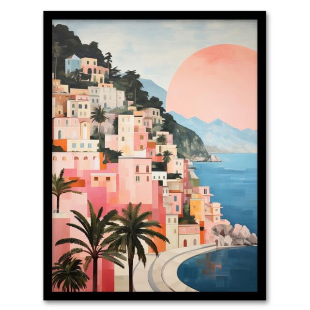 Wee Blue Coo Wall Art Print Amalfi Sunrise Mediterranean Urban Landscape Oil Painting Pink Blue Green Coastal Cityscape Art Framed - Size: A4 - image 1