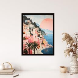 Wee Blue Coo Wall Art Print Amalfi Sunrise Mediterranean Urban Landscape Oil Painting Pink Blue Green Coastal Cityscape Art Framed - Size: A4 - thumbnail 4