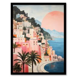 Wee Blue Coo Wall Art Print Amalfi Sunrise Mediterranean Urban Landscape Oil Painting Pink Blue Green Coastal Cityscape Art Framed - Size: A4 - thumbnail 1