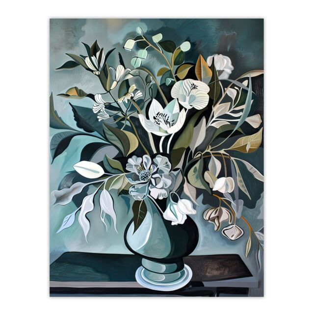 "Artery8 White Flower Bouquet Vase Still Life Painting Wall Art Print in Blue - Size: W24"" x H32""" - image 1