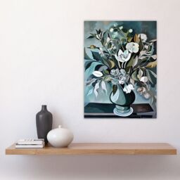 "Artery8 White Flower Bouquet Vase Still Life Painting Wall Art Print in Blue - Size: W24"" x H32""" - thumbnail 4