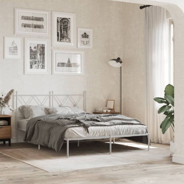 Berkfield Home Metal Bed Frame without Mattress with Headboard White 140x190cm - Size: 140x190 cm - image 1