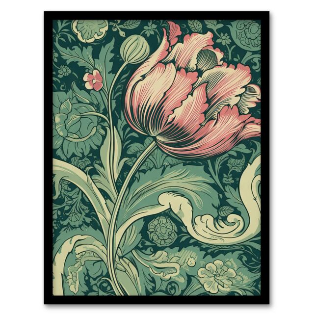 Artery8 Wall Art Print Single Tulip Flower Art Nouveau Painting Pastel Colour Teal Blue Pink William Morris Style Spring Bloom Colourful Bright - image 1