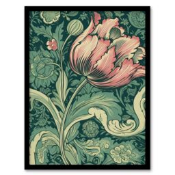 Artery8 Wall Art Print Single Tulip Flower Art Nouveau Painting Pastel Colour Teal Blue Pink William Morris Style Spring Bloom Colourful Bright - thumbnail 1