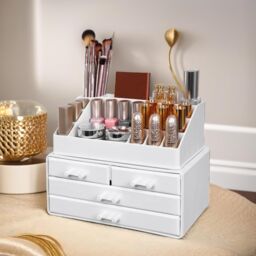 FURNOS 3 Tier Acrylic Make Up Organiser With 4 Drawers in White - Size: Small