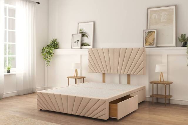 "Sloomy Amberley Naples Divan Bed Base 2 Drawers Right Side With 26"" Strutted Headboard & 12"" Matching Footboard in Light Sand - Size: Super King" - image 1